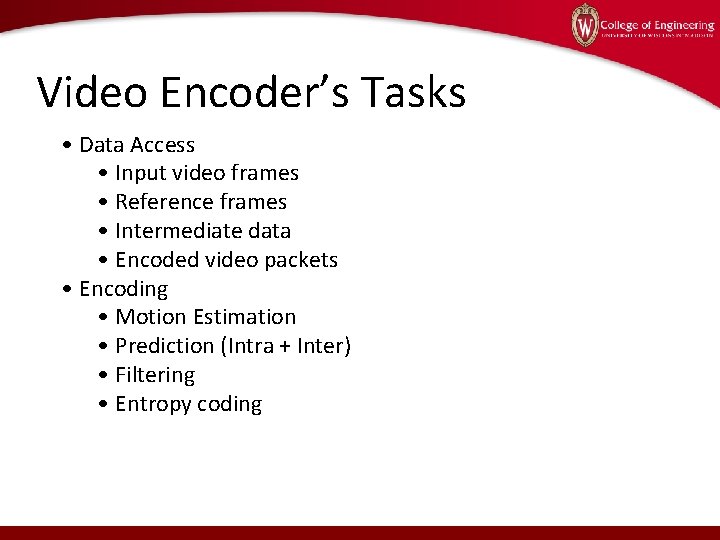 Video Encoder’s Tasks • Data Access • Input video frames • Reference frames •