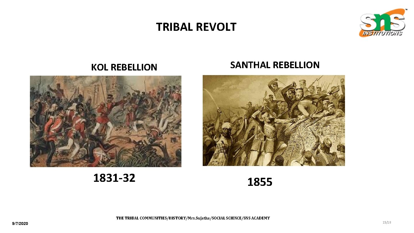 TRIBAL REVOLT KOL REBELLION 1831 -32 SANTHAL REBELLION 1855 THE TRIBAL COMMUNITIES/HISTORY/Mrs. Su. Jatha/SOCIAL