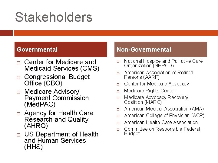 Stakeholders Governmental Center for Medicare and Medicaid Services (CMS) Congressional Budget Office (CBO) Medicare