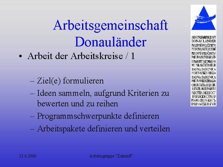 Arbeitsgemeinschaft Donauländer • Arbeit der Arbeitskreise / 1 – Ziel(e) formulieren – Ideen sammeln,