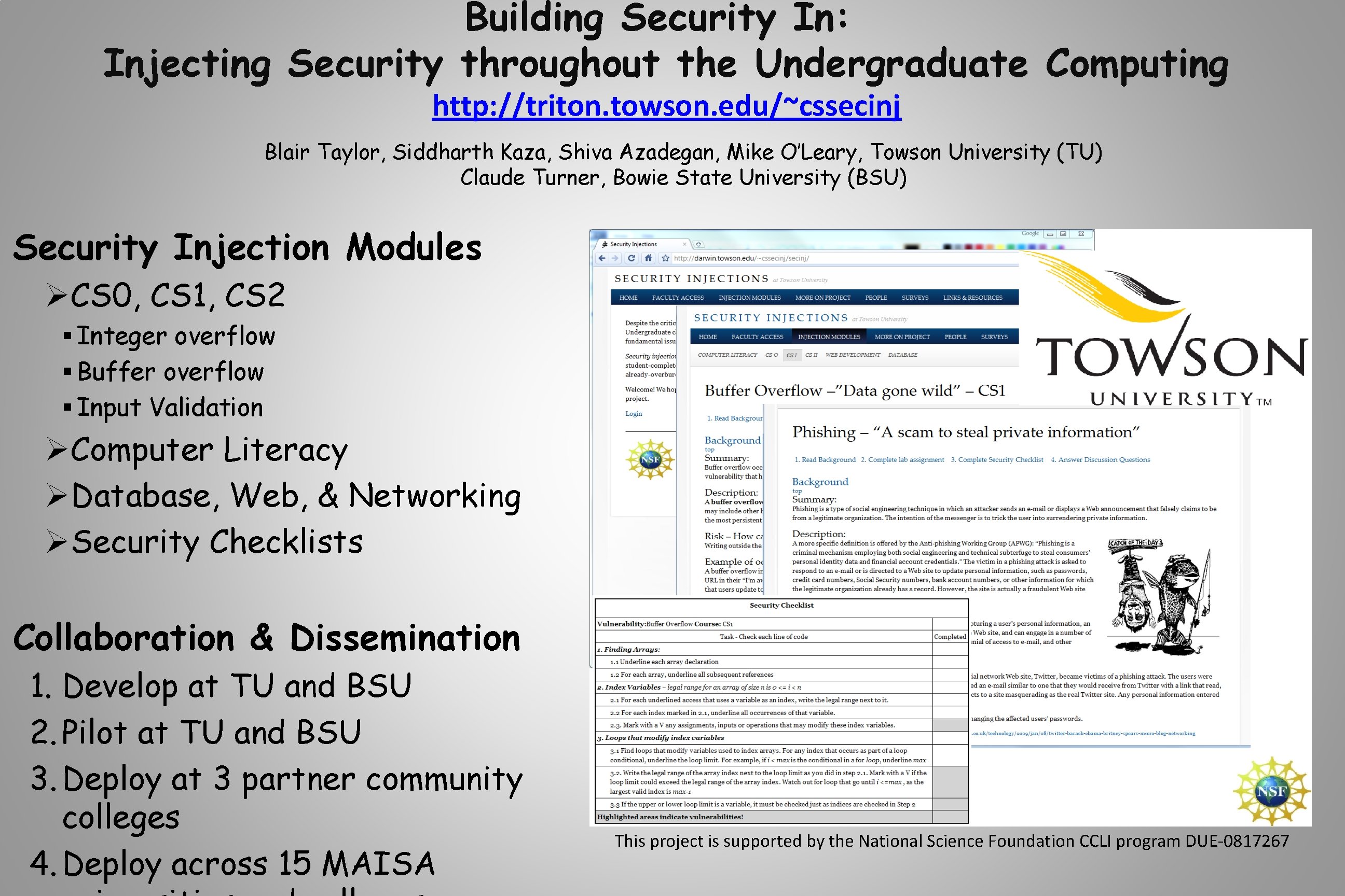 Building Security In: Injecting Security throughout the Undergraduate Computing http: //triton. towson. edu/~cssecinj Blair