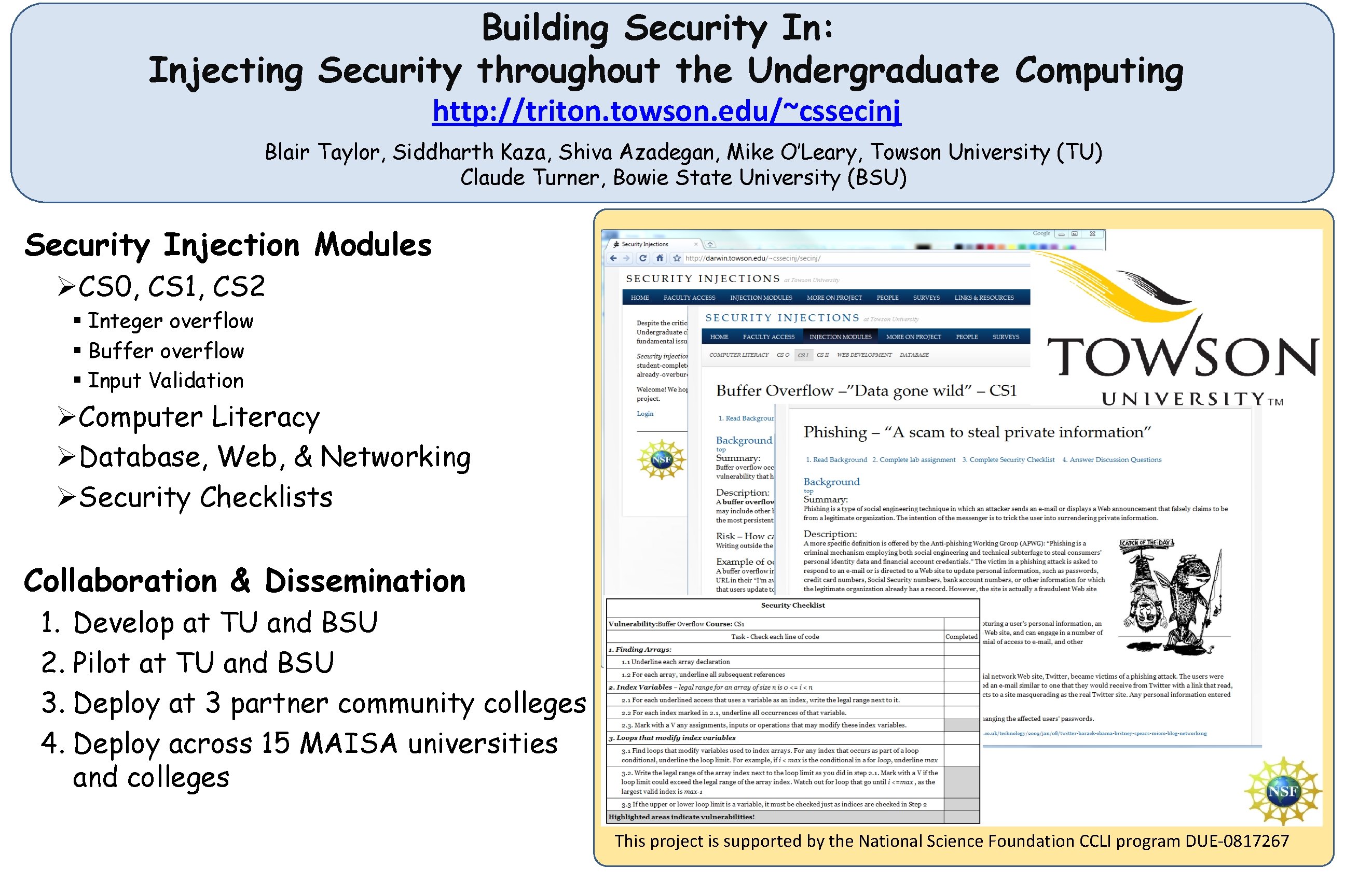 Building Security In: Injecting Security throughout the Undergraduate Computing http: //triton. towson. edu/~cssecinj Blair