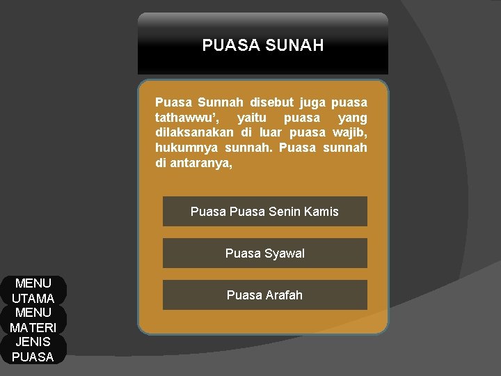 PUASA SUNAH Puasa Sunnah disebut juga puasa tathawwu’, yaitu puasa yang dilaksanakan di luar