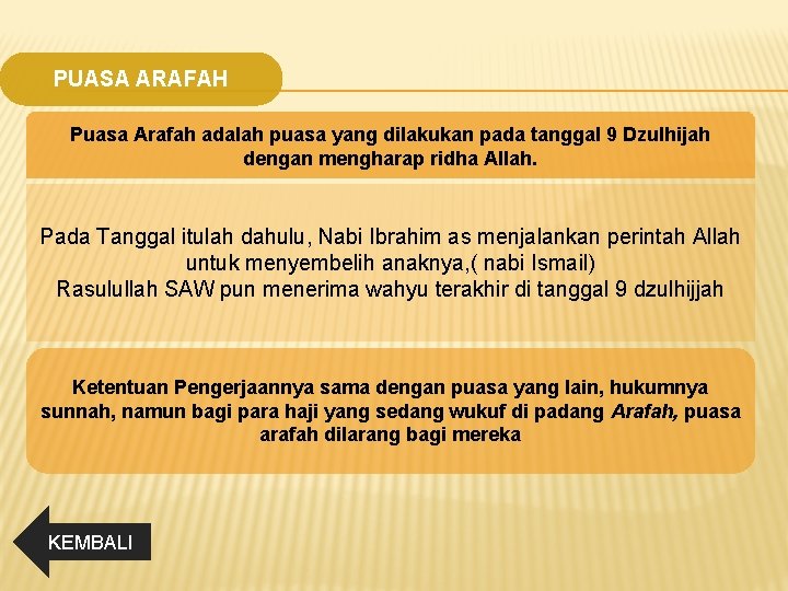 PUASA ARAFAH Puasa Arafah adalah puasa yang dilakukan pada tanggal 9 Dzulhijah dengan mengharap