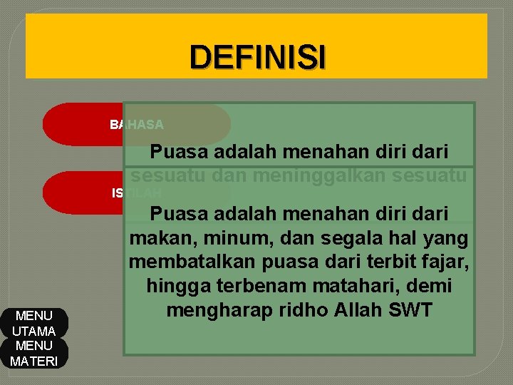 DEFINISI BAHASA Puasa adalah menahan diri dari sesuatu dan meninggalkan sesuatu ISTILAH MENU UTAMA