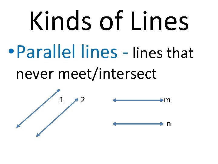 Kinds of Lines • Parallel lines - lines that never meet/intersect 1 2 m