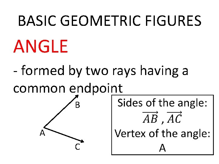 BASIC GEOMETRIC FIGURES ANGLE - formed by two rays having a common endpoint B