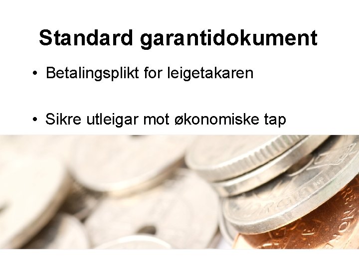 Standard garantidokument • Betalingsplikt for leigetakaren • Sikre utleigar mot økonomiske tap • Garantien