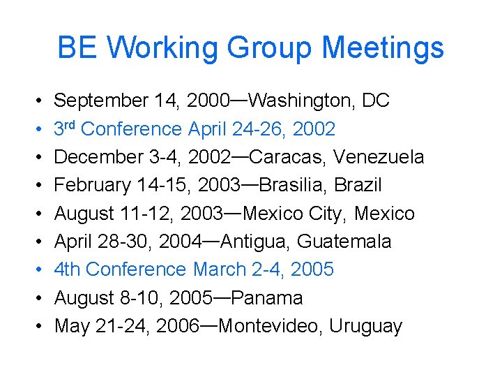 BE Working Group Meetings • • • September 14, 2000—Washington, DC 3 rd Conference