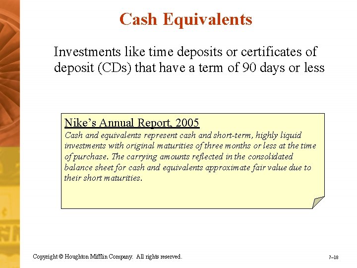 Cash Equivalents Investments like time deposits or certificates of deposit (CDs) that have a