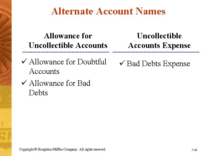 Alternate Account Names Allowance for Uncollectible Accounts Expense ü Allowance for Doubtful Accounts ü