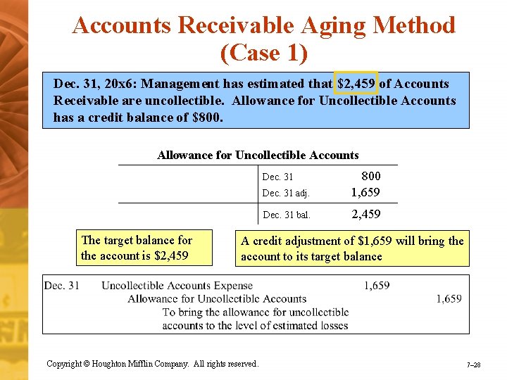 Accounts Receivable Aging Method (Case 1) Dec. 31, 20 x 6: Management has estimated