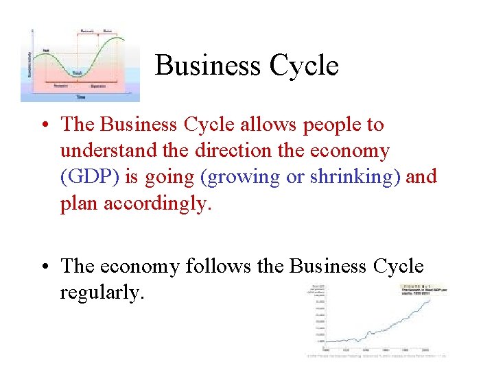 Business Cycle • The Business Cycle allows people to understand the direction the economy