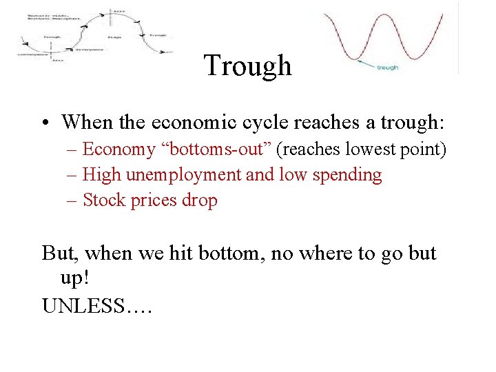 Trough • When the economic cycle reaches a trough: – Economy “bottoms-out” (reaches lowest