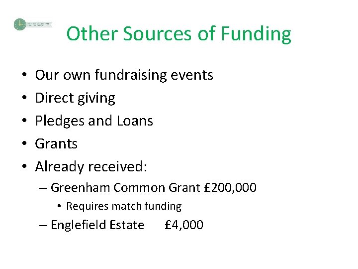 Other Sources of Funding • • • Our own fundraising events Direct giving Pledges