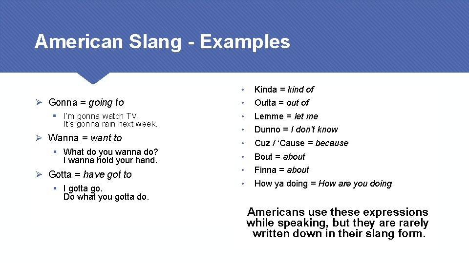 American Slang - Examples Ø Gonna = going to § I’m gonna watch TV.