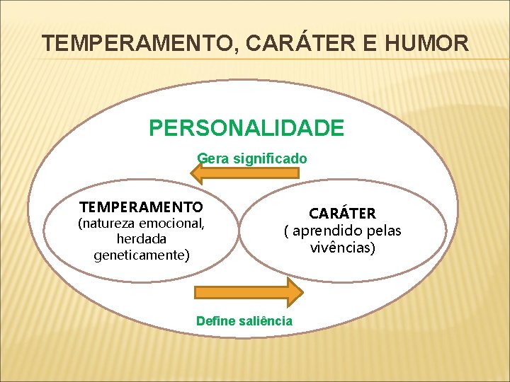 TEMPERAMENTO, CARÁTER E HUMOR PERSONALIDADE Gera significado TEMPERAMENTO (natureza emocional, herdada geneticamente) CARÁTER (