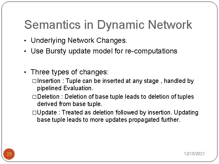 Semantics in Dynamic Network • Underlying Network Changes. • Use Bursty update model for