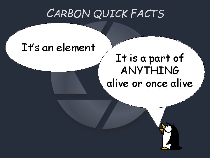 CARBON QUICK FACTS It’s an element It is a part of ANYTHING alive or