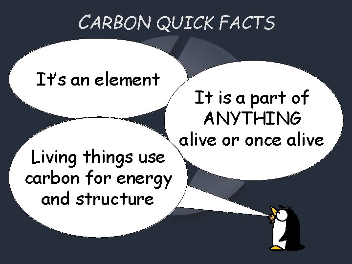 CARBON QUICK FACTS It’s an element Living things use carbon for energy and structure