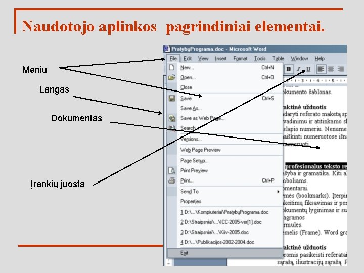 Naudotojo aplinkos pagrindiniai elementai. Meniu Langas Dokumentas Įrankių juosta 