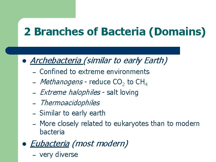 2 Branches of Bacteria (Domains) l Archebacteria (similar to early Earth) – Confined to