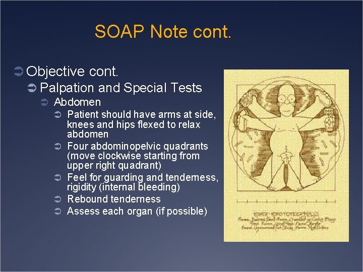 SOAP Note cont. Ü Objective cont. Ü Palpation and Special Tests Ü Abdomen Ü