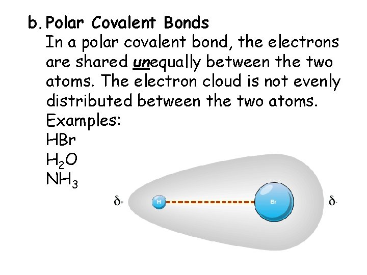 b. Polar Covalent Bonds In a polar covalent bond, the electrons are shared unequally