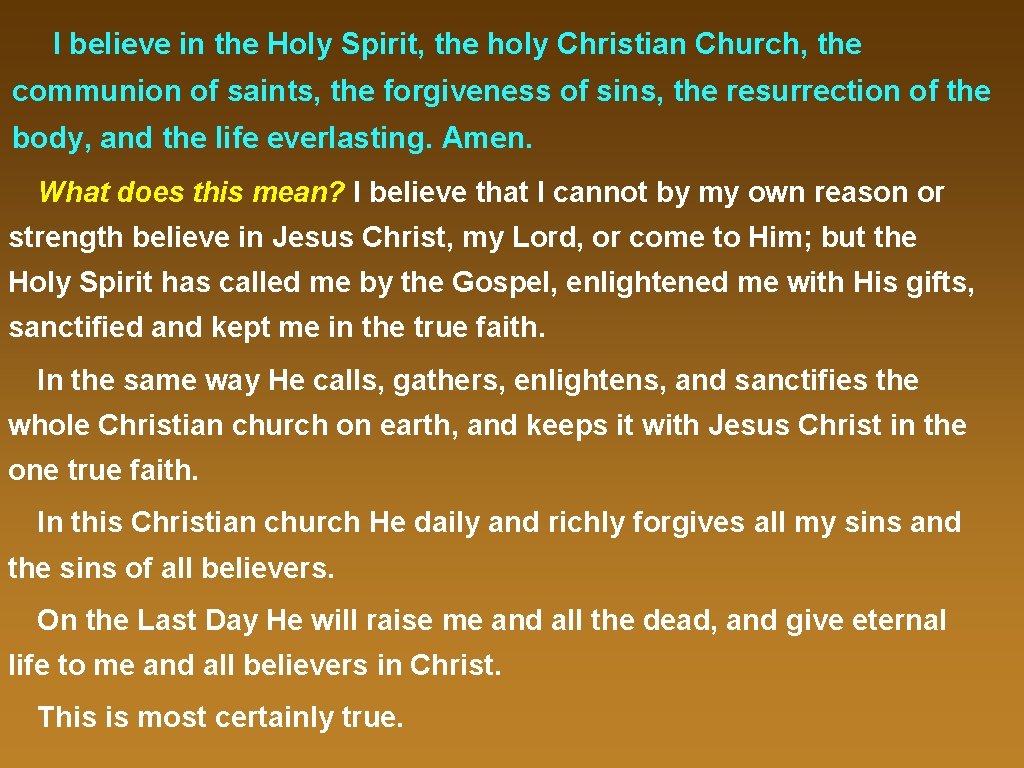 I believe in the Holy Spirit, the holy Christian Church, the communion of saints,