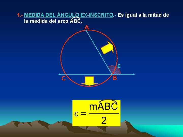 1. - MEDIDA DEL ÁNGULO EX-INSCRITO. - Es igual a la mitad de la