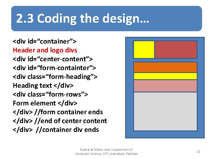 2. 3 Coding the design… <div id=“container”> Header and logo divs <div id=“center-content”> <div