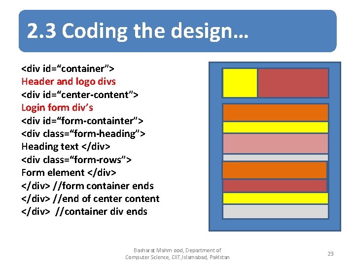 2. 3 Coding the design… <div id=“container”> Header and logo divs <div id=“center-content”> Login