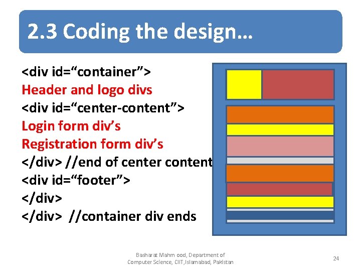 2. 3 Coding the design… <div id=“container”> Header and logo divs <div id=“center-content”> Login