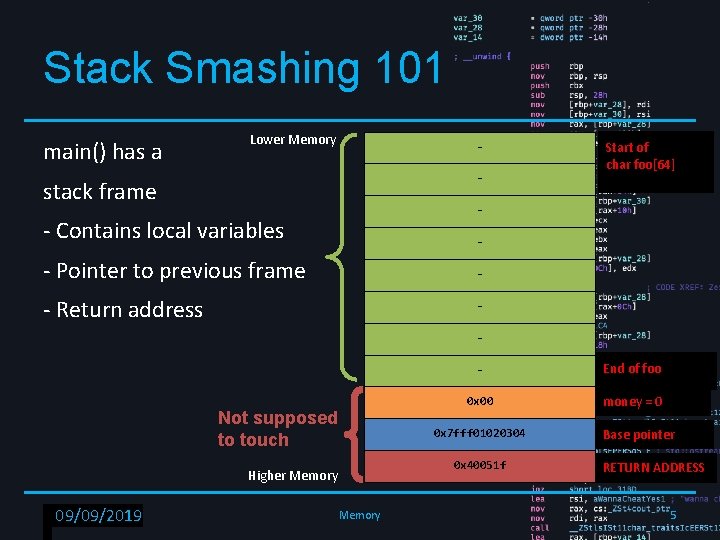 Stack Smashing 101 main() has a Lower Memory - stack frame Start of char