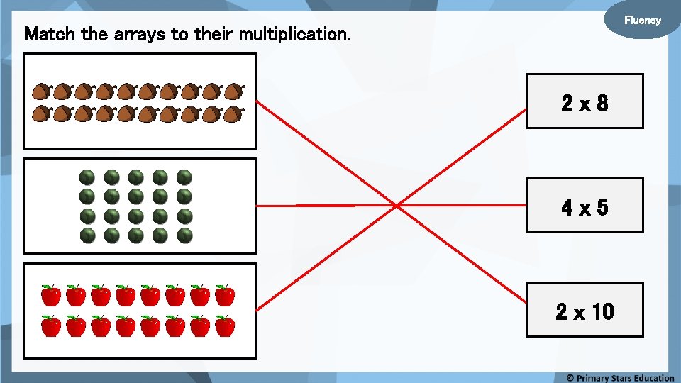 Fluency Match the arrays to their multiplication. 2 x 8 4 x 5 2