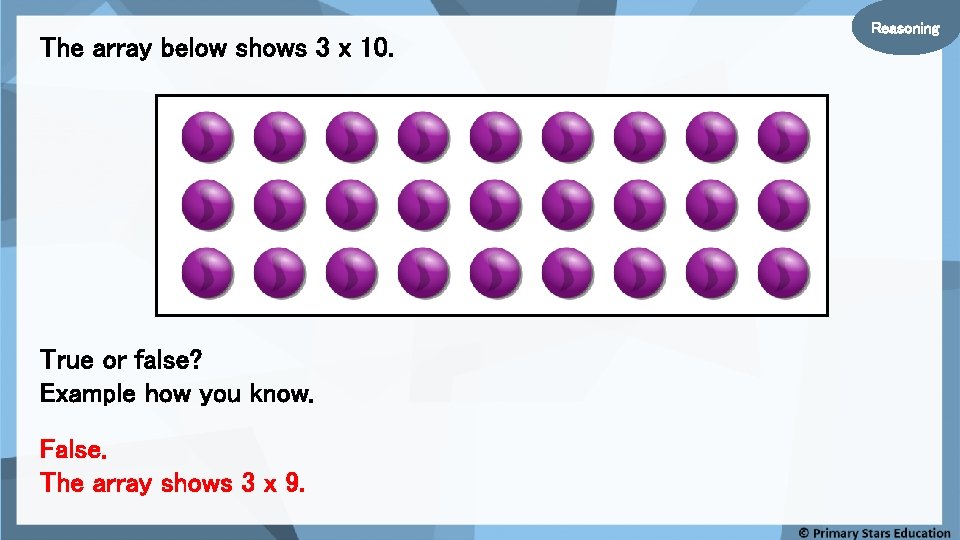 The array below shows 3 x 10. True or false? Example how you know.