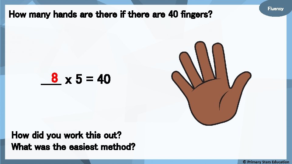 How many hands are there if there are 40 fingers? 8 x 5 =