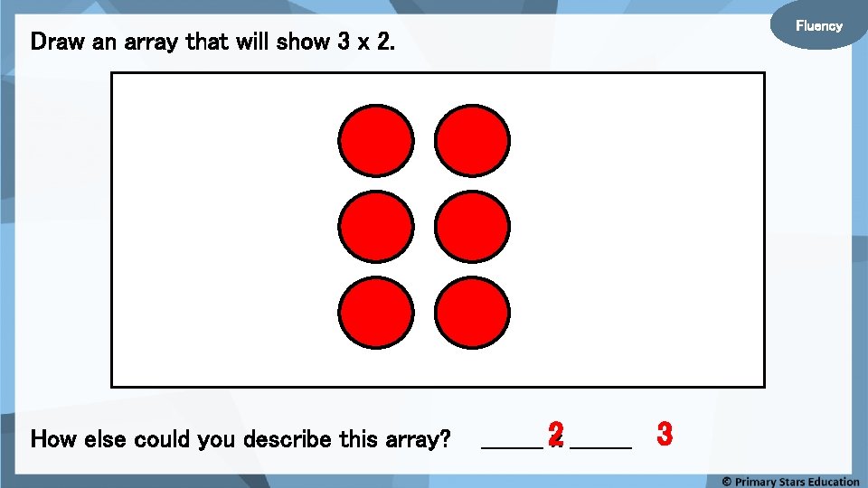 Fluency Draw an array that will show 3 x 2. How else could you