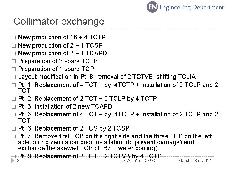 Collimator exchange New production of 16 + 4 TCTP � New production of 2