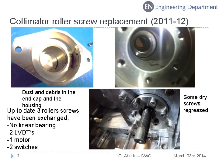 Collimator roller screw replacement (2011 -12) Dust and debris in the end cap and