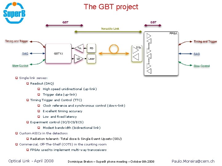 The GBT project q Single link serves: q Readout (DAQ) q High speed unidirectional