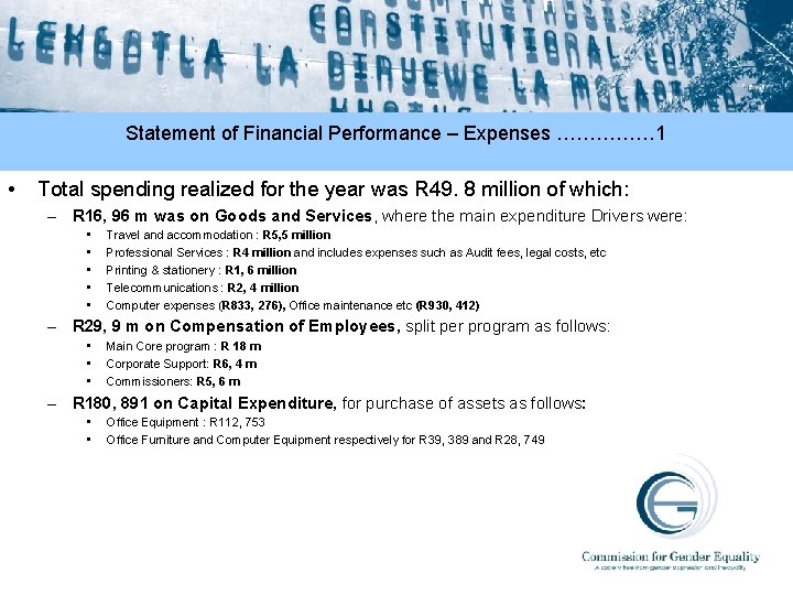Statement of Financial Performance – Expenses …………… 1 • Total spending realized for the