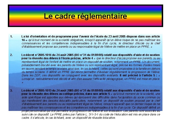 Le cadre réglementaire 1. La loi d’orientation et de programme pour l’avenir de l’école