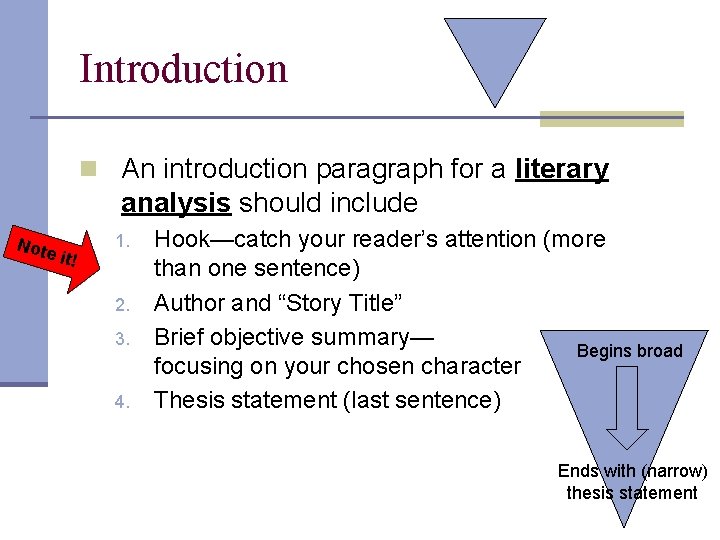 Introduction n An introduction paragraph for a literary analysis should include Note it! 1.