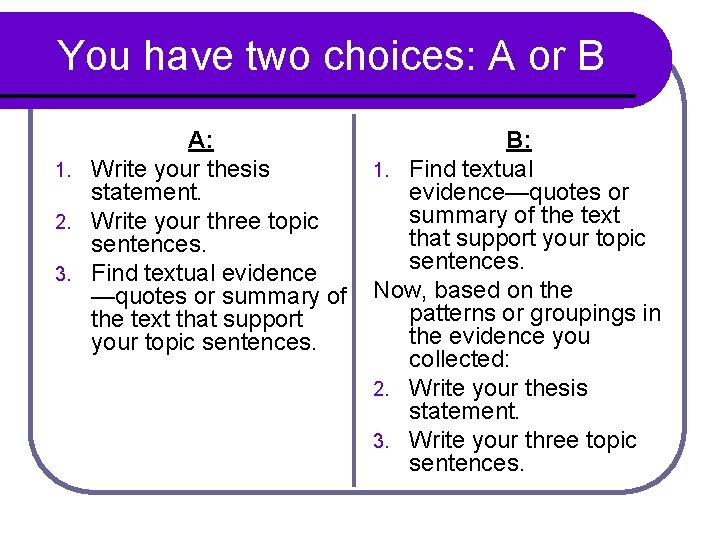 You have two choices: A or B A: 1. Write your thesis statement. 2.