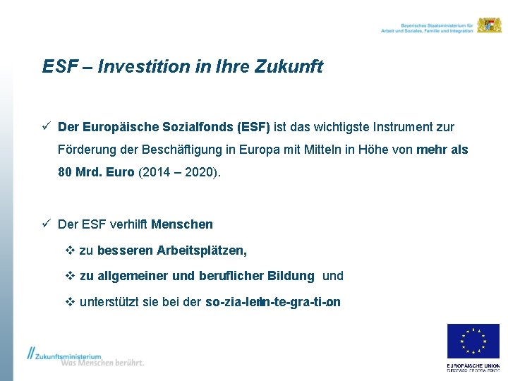 ESF – Investition in Ihre Zukunft ü Der Europäische Sozialfonds (ESF) ist das wichtigste