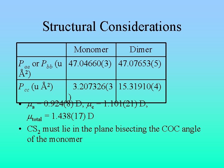 Structural Considerations Monomer Dimer Paa or Pbb (u 47. 04660(3) 47. 07653(5) Å2) Pcc