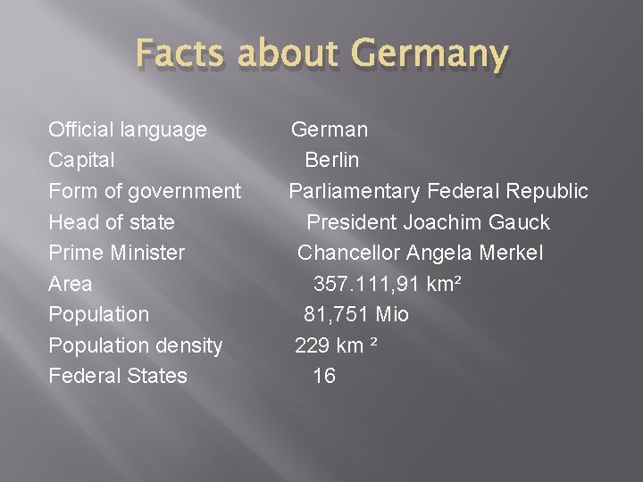 Facts about Germany Official language Capital Form of government Head of state Prime Minister