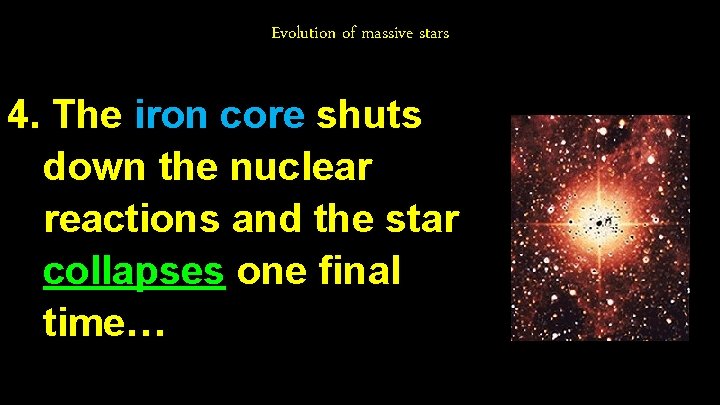 Evolution of massive stars 4. The iron core shuts down the nuclear reactions and