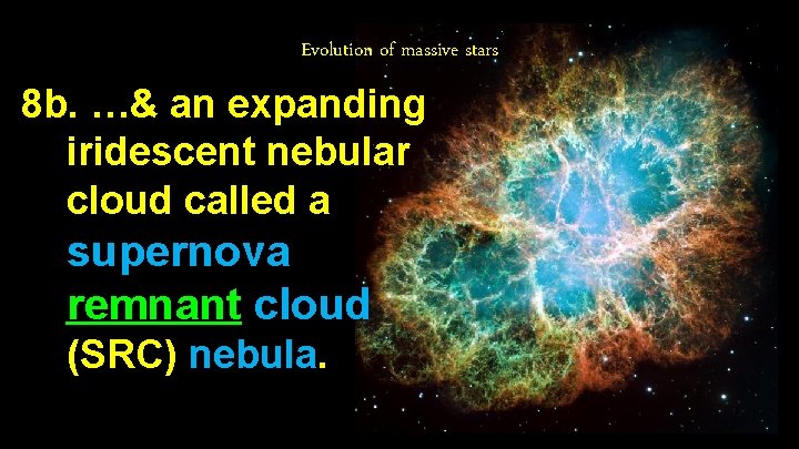 Evolution of massive stars 8 b. …& an expanding iridescent nebular cloud called a